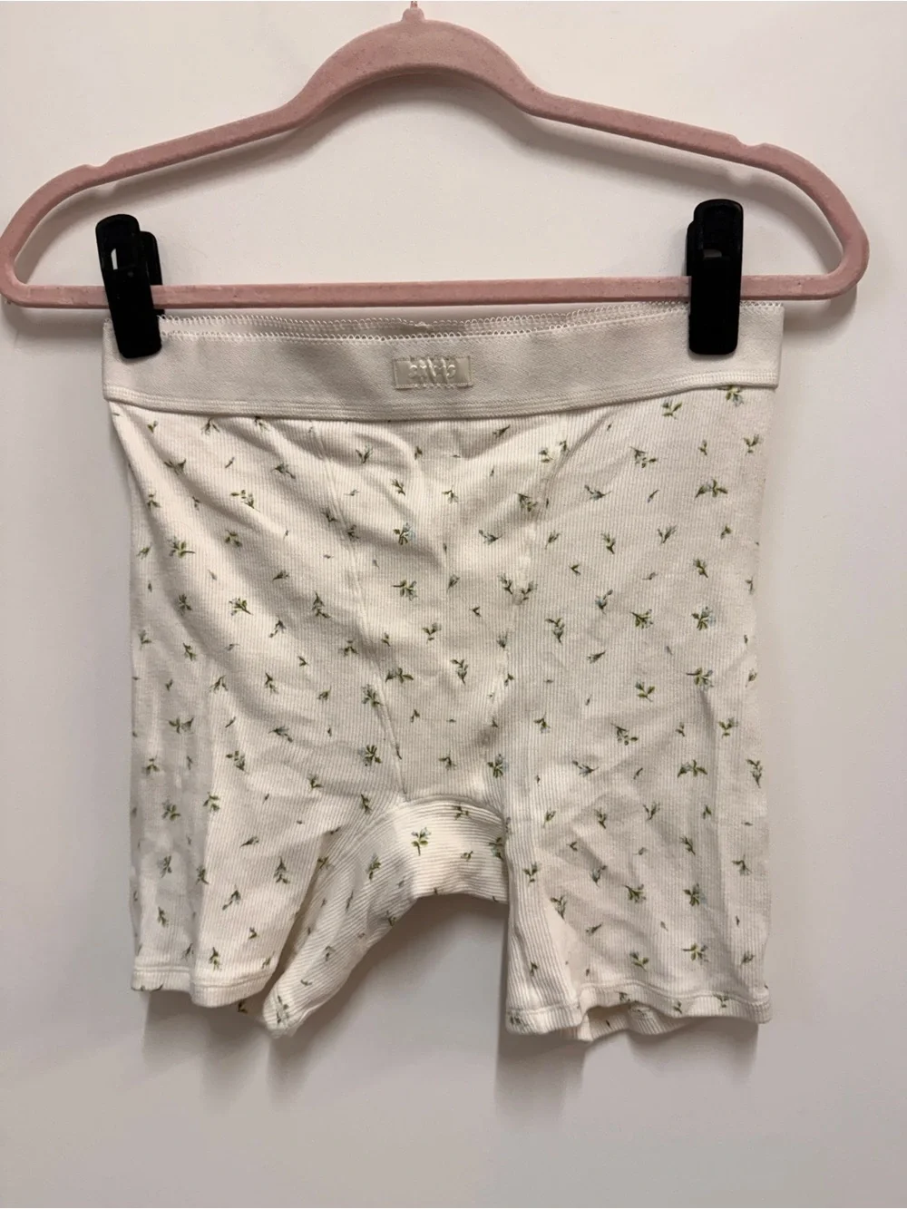 SKIMS Cream Ribbed Boxer Shorts with Green Floral Print
